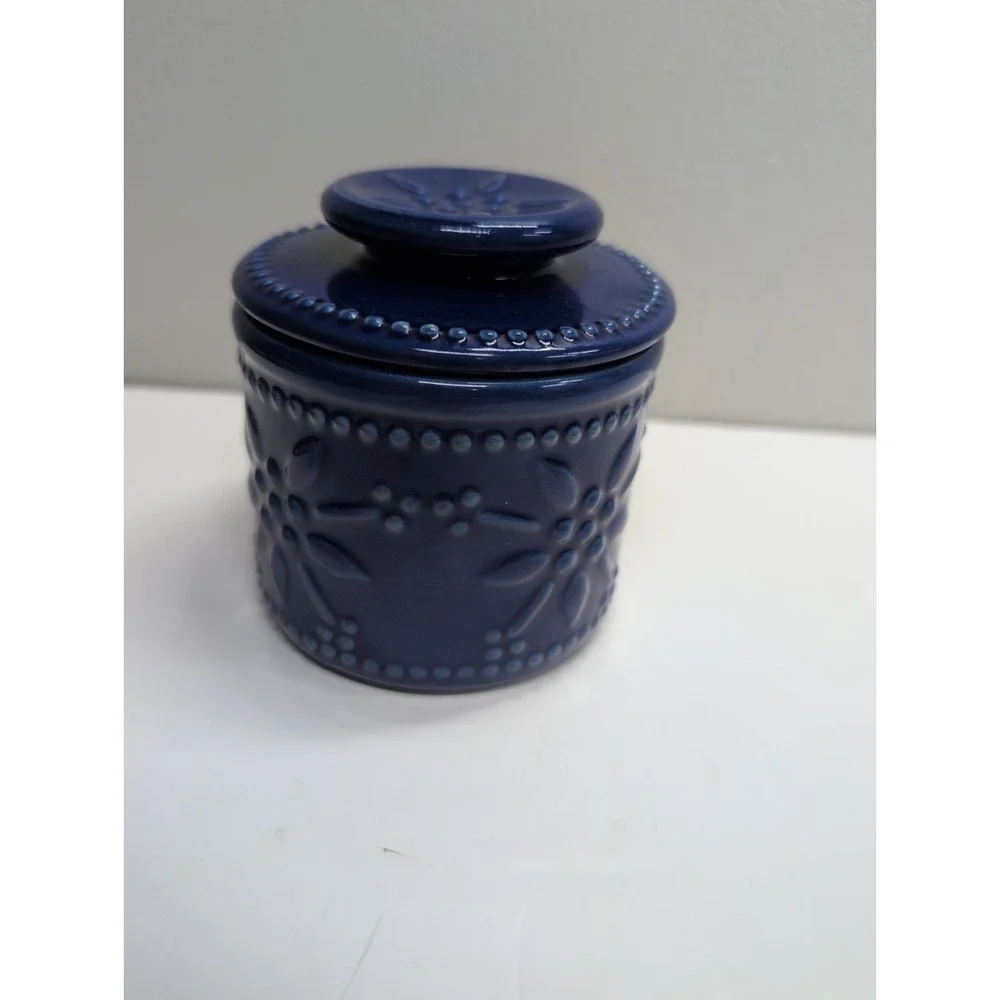 Temptations Old World Embossed Blue Butter Bell Crock with Lid